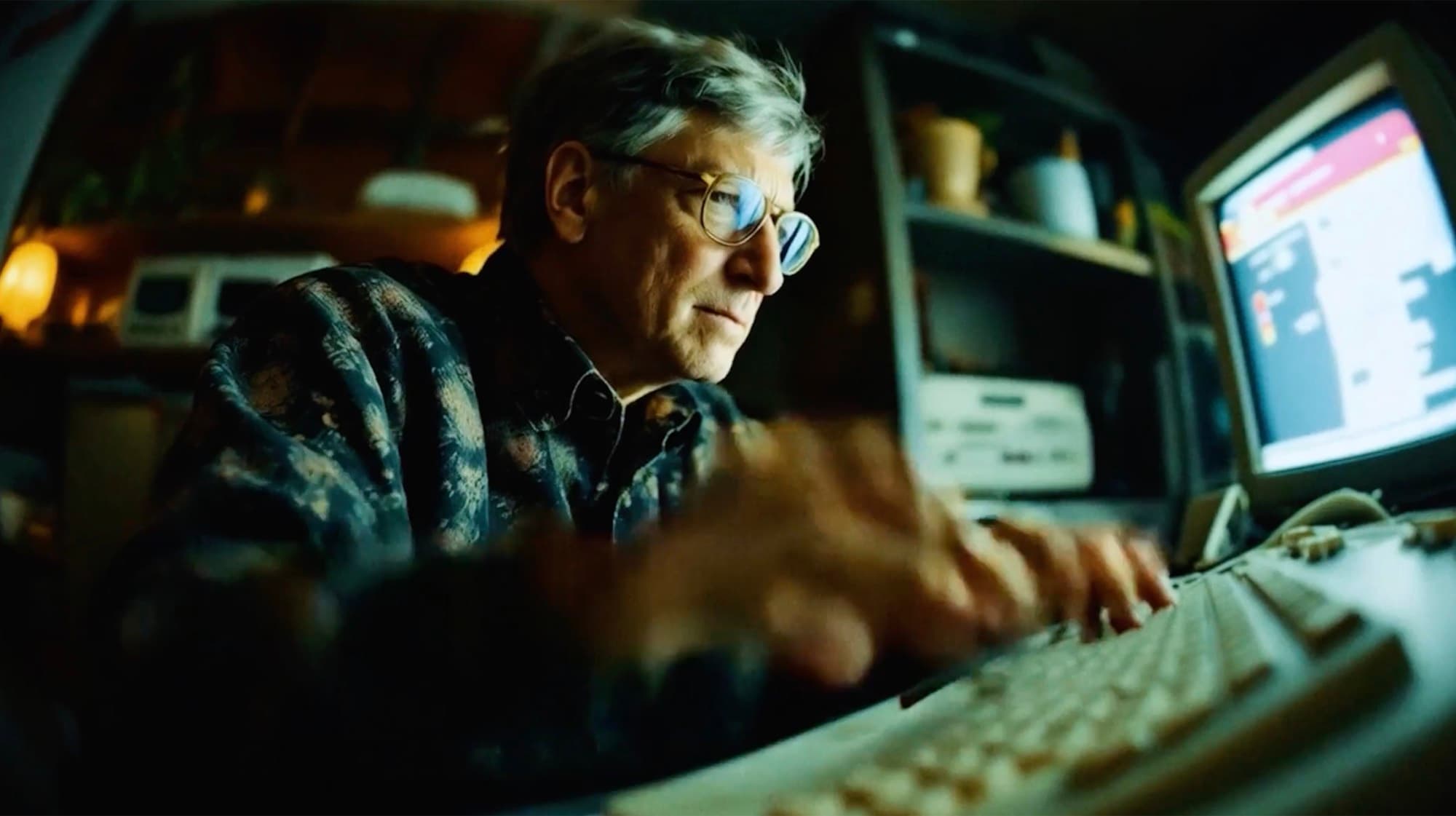 A man at a nineties desktop computer in a dark room, lit by the screen.