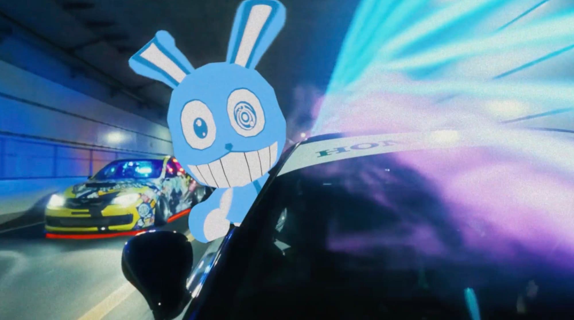 An animated blue rabbit character composited onto a car speeding through a lit tunnel.