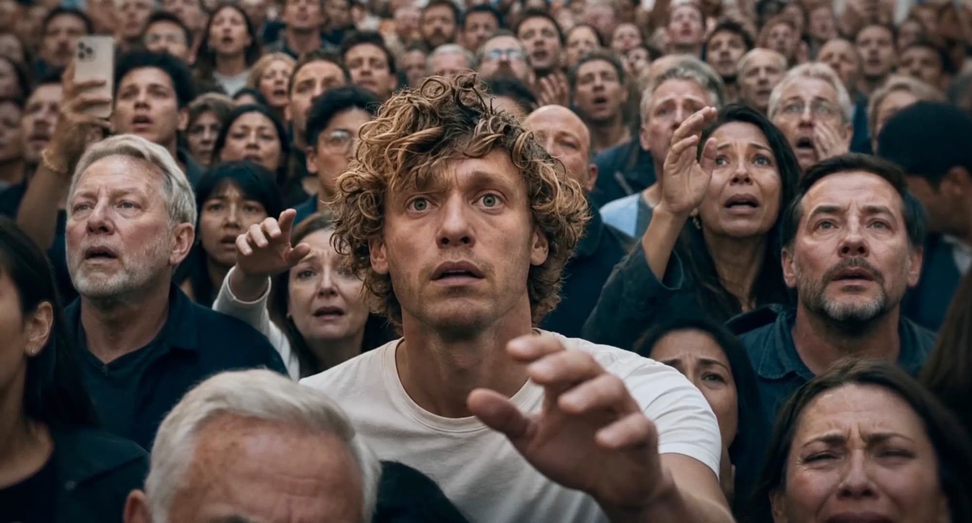 A dense crowd of people looking upward, hands raised, faces caught mid reaction.